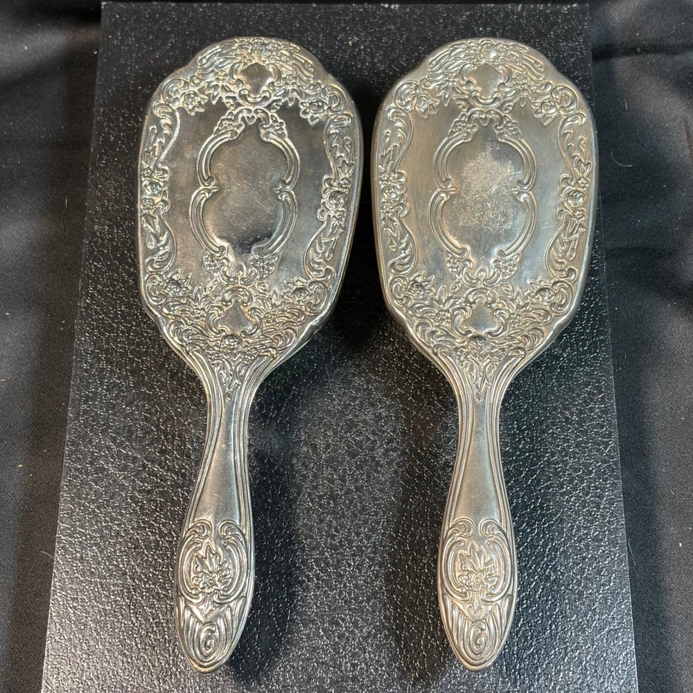 Vintage Silver Plated Hair Brush Pair Art Nouveau Floral Repousse Vanity Set